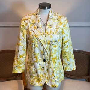 Vintage 90s Floral Yellow and White Blazer Jacket Preppy Grandmacore Cotton M/L